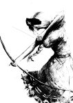  1girl aiming arrow bow_(weapon) braid breasts commentary dress faux_traditional_media greyscale hat highres large_breasts long_hair monochrome nurse_cap ougibro_(spookybro) ponytail profile short_sleeves simple_background solo touhou weapon white_background yagokoro_eirin 