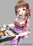  1girl brown_hair food haguda_tofu_(hakudatofu) highres japanese_clothes kimono open_mouth shinkai_no_valkyrie smile solo sushi table violet_eyes 