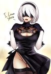  1girl black_gloves black_legwear blindfold breasts cleavage facing_viewer gloves highres leotard lily_sia mole mole_under_mouth nier_(series) nier_automata open_mouth short_hair silver_hair smile solo thigh-highs tongue tongue_out yorha_unit_no._2_type_b 