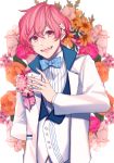  1boy ashu_yuuta b-project bow bowtie fang flower freckles hair_flower hair_ornament highres male_focus open_mouth pink_hair rukito smile solo violet_eyes 