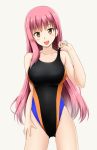  1girl :d adjusting_clothes adjusting_swimsuit brown_eyes collarbone competition_swimsuit covered_navel fuuma_nagi long_hair looking_at_viewer one-piece_swimsuit open_mouth original pink_hair simple_background smile solo swimsuit white_background 