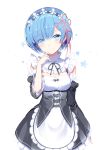  1girl blue_eyes blue_hair blush bows cleavage dress headdress necktie re:zero_kara_hajimeru_isekai_seikatsu rem_(re:zero) short_hair small_breasts solo 