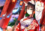  1girl animal_ears bangs blush breasts brown_eyes brown_hair closed_mouth commentary_request dutch_angle facepaint fire floral_print fox_ears fox_girl fox_mask hair_between_eyes hanten_(clothes) head_scarf highres japanese_clothes kimono lantern large_breasts mask obi original outdoors paper_lantern plan_(planhaplalan) sash shrine smile solo upper_body white_kimono 