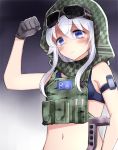  1girl arm_up armband black_gloves blue_eyes commentary_request gloves goggles goggles_on_head gradient gradient_background hibiki_(kantai_collection) highres hood hood_up kantai_collection long_hair midriff navel neit_ni_sei rainbow_six_siege sidelocks silver_hair solo sports_bra tactical_clothes valkyrie_(rainbow_six) 