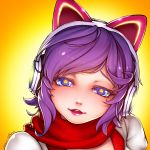  1girl 2016 ahri alternate_costume animal_ears arcade_ahri bangs blue_eyes cat_ear_headphones colored_eyelashes dated fake_animal_ears fox_ears glint head_tilt headphones league_of_legends lipstick looking_at_viewer makeup mole mole_under_eye parted_lips pink_lips portrait puffy_sleeves purple_hair red_scarf ryu_un scarf shiny shiny_hair short_hair signature solo star star-shaped_pupils star_print symbol-shaped_pupils teeth yellow_background 