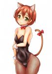  1girl absurdres animal_ears arm_grab bangs black_legwear black_leotard blush bow bowtie breasts cat_ears cat_tail catsuit closed_mouth commentary_request cowboy_shot detached_collar fake_animal_ears fake_tail fishnet_pantyhose fishnets highres hoshizora_rin leotard looking_at_viewer love_live! love_live!_school_idol_project orange_hair pantyhose red_bow shiromitsu_suzaku short_hair simple_background small_breasts solo standing strapless strapless_leotard tail white_background wrist_cuffs yellow_eyes 