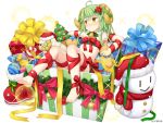  1girl :/ ahoge armpits bangs bare_shoulders barefoot bell bell_collar blue_ribbon blush box buttons candy candy_cane christmas_ornaments christmas_tree closed_mouth collar company_name copyright_request embarrassed eyebrows_visible_through_hair flat_chest flower food full_body gift gift_box green_hair green_ribbon hair_between_eyes hair_flower hair_ornament hat horns long_hair looking_away lying monmusume-harem naked_ribbon namaru_(summer_dandy) nose_blush official_art red_ribbon ribbon santa_hat scarf sheep_horns simple_background snowman solo sparkle stuffed_animal stuffed_sheep stuffed_toy white_background yellow_eyes yellow_ribbon 