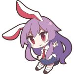 1girl 60mai :&gt; animal_ears bangs blue_skirt blush bow bowtie brown_shoes bunny_tail chibi closed_mouth eyebrows_visible_through_hair full_body long_hair looking_at_viewer puffy_short_sleeves puffy_sleeves purple_hair rabbit_ears red_bow red_bowtie red_eyes reisen_udongein_inaba shirt shoes short_sleeves sidelocks simple_background skirt solo standing tail touhou very_long_hair white_background white_legwear white_shirt 
