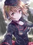  1girl brown_eyes brown_hair commentary_request emblem garrison_cap girls_und_panzer ground_vehicle hat kuromorimine_(emblem) long_sleeves looking_at_viewer military military_uniform military_vehicle motor_vehicle nishizumi_miho ogata_tei outdoors rain short_hair solo tank uniform water wet wet_clothes wet_hair 