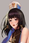  1girl bangs bare_shoulders black_eyes black_hair blush collarbone commentary cross cross_earrings cross_necklace dungeon_and_fighter earrings female_crusader_(dungeon_and_fighter) female_priest_(dungeon_and_fighter) hat jewelry looking_away monaim necklace open_mouth portrait solo sweat teeth 