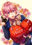  1boy ashu_yuuta b-project fangs fingerless_gloves flower freckles gloves happy_birthday highres male_focus open_mouth pink_hair rukito smile solo violet_eyes 