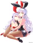  2girls aken animal_ears bow bowtie breasts bunny_tail bunnysuit character_request cleavage detached_collar elsword fishnet_pantyhose fishnets highres long_hair multiple_girls pantyhose rabbit_ears red_eyes sitting tail wariza white_hair wrist_cuffs yellow_eyes 