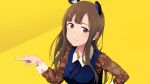  1girl animal_ears brown_eyes brown_hair dress fake_animal_ears idolmaster idolmaster_cinderella_girls kabayaki_unagi long_hair looking_at_viewer mizumoto_yukari pointing smile solo yellow_background 