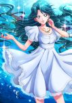  1girl absurdres aqua_hair blue_dress blue_eyes braid bubble collarbone commentary cowboy_shot dress earrings go!_princess_precure highres jewelry kaidou_minami lens_flare long_hair necklace open_mouth precure see-through sharumon short_sleeves smile solo sparkle underwater very_long_hair 