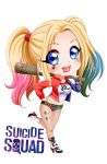 1girl baseball_bat belt blue_eyes bracelet chocker hand_on_hip harley_quinn heels highres hotpants jacket makeup multicoloured_hair solo stomach stomach_top suicide_squad tagme thick_thighs tights twin_tails 