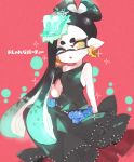  +_+ 1girl alternate_hairstyle aori_(splatoon) black_dress black_gloves cowboy_shot domino_mask dress earrings eyebrows_visible_through_hair flower food food_on_head formal gloves jewelry layered_dress long_dress long_hair looking_at_viewer mask mole mole_under_eye object_on_head one_eye_closed oyu_(knhrkxx) parted_lips pink_background polka_dot solo splatoon standing sushi tentacle_hair yellow_eyes 