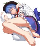  1girl ;/ absurdres bare_legs barefoot black_hat black_skirt blue_hair blush closed_mouth feet fetal_position food frilled_skirt frills fruit full_body hat highres hinanawi_tenshi leaf long_hair looking_at_viewer lying neropaso off_shoulder on_side peach pillow pillow_hug red_eyes shirt short_sleeves skirt solo touhou white_shirt 