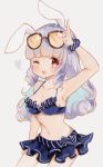  1girl animal_ears artist_request bikini chuchu_(show_by_rock!!) curly_hair highres long_hair looking_at_viewer navel one_eye_closed purple_hair rabbit_ears red_eyes show_by_rock!! simple_background solo sunglasses sunglasses_on_head swimsuit traditional_media 