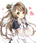  1girl :d apron bangs black_ribbon bow brown_hair green_bow hair_bow hand_on_hip heart index_finger_raised long_hair love_live! love_live!_school_idol_project maid maid_apron maid_headdress minami_kotori neck_ribbon one_side_up open_mouth pingo ribbon short_sleeves smile solo yellow_eyes 