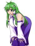  1girl :d antenna_hair armpit_peek bangs bare_shoulders blush breasts commentary_request detached_sleeves frog_hair_ornament green_eyes green_hair hair_ornament hair_tubes hands_on_own_knees highres itou_yuuji japanese_clothes kochiya_sanae large_breasts leaning_forward long_hair long_skirt long_sleeves nontraditional_miko open_mouth purple_skirt shirt skirt sleeveless sleeveless_shirt smile snake_hair_ornament solo tareme touhou white_shirt wide_sleeves 