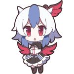  1girl 60mai bangs blush book chestnut_mouth chibi eyebrows full_body head_wings holding holding_book horns juliet_sleeves long_sleeves looking_at_viewer multicolored_hair open_mouth puffy_sleeves red_eyes solo standing tokiko_(touhou) touhou wings 