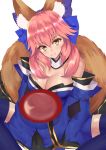  1girl animal_ears bad_id bad_pixiv_id bell bell_collar blue_legwear bow breasts cleavage collar detached_sleeves fate/extra fate/grand_order fate_(series) fox_ears fox_tail hair_bow hair_ribbon highres japanese_clothes kanikou pink_hair ribbon solo tail tamamo_(fate)_(all) tamamo_no_mae_(fate) yellow_eyes 