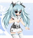 1girl blue_hair boots buttons dress long_hair nintendo nintendo_wii open_mouth ribbon sash solo tagme thigh_highs twin_tails wiimote 