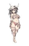  1girl bare_arms bare_shoulders barefoot breasts closed_mouth grey_hair highres hips large_breasts mercury original panties red_panties simx skull solo thick_thighs thighs torn_clothes tribal under_boob underwear white_background wide_hips 