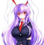  1girl animal_ears blazer blouse blush breast_hold breasts bunny_tail highres jacket kou_(inaba) large_breasts lavender_hair long_hair looking_at_viewer necktie purple_hair rabbit_ears red_eyes red_necktie reisen_udongein_inaba shirt simple_background solo tail touhou very_long_hair white_background 