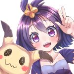  1girl :d acerola_(pokemon) bangs blush collarbone costume dress elite_four eyebrows_visible_through_hair eyelashes flat_chest hair_between_eyes hair_ornament looking_at_viewer mimikyu open_mouth pikachu_costume pokemon pokemon_(creature) pokemon_(game) pokemon_sm purple_dress purple_hair rigorigo short_hair short_sleeves simple_background smile stitches teeth tongue topknot torn_clothes torn_sleeves trial_captain upper_body v violet_eyes white_background 