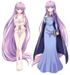  1girl absurdly_long_hair barefoot blue_dress book cape crossed_arms dress fire_emblem full_body holding holding_book long_hair looking_at_viewer purple_hair rasahan sofiya solo underwear very_long_hair violet_eyes 