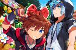  2boys blue_eyes blue_sky bow brown_hair chain_necklace chains crown disney disneyland esto_(20motoko) flower glasses_on_head grin hood hooded_jacket id_card jacket jewelry kingdom_hearts lanyard looking_at_viewer male_focus multiple_boys necklace one_eye_closed outdoors riku short_hair silver_hair sky smile sora_(kingdom_hearts) summer sunglasses sunglasses_on_head teeth xesto 