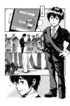  absurdres black_hair comic hair_ribbon highres kimi_no_na_wa long_hair miyamizu_mitsuha monochrome necktie ribbon shanson2003 spoilers tachibana_taki translation_request 