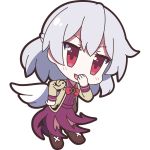 1girl 60mai bangs blush boots bow bowtie brown_boots chibi covering_mouth dress eyebrows_visible_through_hair full_body hand_on_hip hand_up jacket kishin_sagume leaning_forward long_sleeves looking_at_viewer open_mouth purple_dress red_bow red_bowtie red_eyes silver_hair simple_background single_wing smile solo standing touhou white_background white_wings wings 