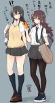  !? 2girls artist_name bag bag_charm bangs black_hair black_legwear blue_eyes brown_eyes brown_hair brown_shoes cellphone collared_shirt full_body grey_necktie grey_skirt hair_between_eyes heart highres holding holding_jacket holding_phone kneehighs kuroinu_momotarou loafers long_hair looking_at_another multiple_girls navy_blue_legwear necktie nike original pantyhose parted_lips phone school_bag school_uniform shirt shoes short_sleeves shoulder_bag signature skirt smartphone smile sneakers standing sweatdrop sweater_vest wavy_hair white_shirt 