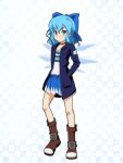  (9) 1girl adapted_costume alternate_costume blue_bow blue_eyes blue_hair blue_skirt blush boots bow brown_boots casual cato_(monocatienus) checkered checkered_background choker cirno closed_mouth collarbone commentary contemporary full_body hair_bow hand_in_pocket ice ice_wings jacket looking_at_viewer miniskirt open_clothes open_jacket pleated_skirt short_hair skirt solo standing touhou wings 