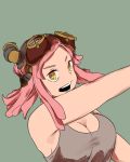  1girl armpits arms arms_up artist_request bare_shoulders boku_no_hero_academia breasts cleavage goggles goggles_on_head grey_background hatsume_mei long_hair looking_at_viewer looking_to_the_side medium_breasts no_bra open_mouth pink_hair sideboob simple_background solo symbol-shaped_pupils tank_top upper_body yellow_eyes 