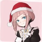  1girl blue_eyes cryopon european_clothes felicia_(fire_emblem_if) fire_emblem fire_emblem_if gloves hat highres maid pink_background pink_hair santa_hat simple_background solo 