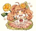  1girl blush bow brown_hair commentary dandelion flower grass green_bow hair_bow hair_flower hair_ornament hands_on_lap mokarooru mouth open original oversized_object pleated_skirt red_bow sailor_collar skirt solo traditional_media twintails watercolor_(medium) wavy_hair yellow_eyes 
