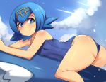  1girl ass bangs bare_arms bare_legs bare_shoulders blue_eyes blue_hair blue_sky blue_swimsuit blush body_blush breasts bright_pupils closed_mouth clouds cloudy_sky collarbone condensation_trail covered_navel day eyelashes flipped_hair hair_between_eyes hairband hinghoi light_particles looking_away looking_to_the_side lying on_side one-piece_swimsuit outdoors pokemon pokemon_(creature) pokemon_(game) pokemon_sm riding shiny shiny_skin short_hair sky small_breasts smile suiren_(pokemon) swimsuit trial_captain white_pupils wishiwashi 