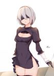  1girl black_dress black_gloves black_legwear blindfold breasts cleavage cleavage_cutout covered_navel dress gloves hairband highres khibiki_(brequiem) long_sleeves mole mole_under_mouth nier_(series) nier_automata no_panties puffy_long_sleeves puffy_sleeves short_dress short_hair silver_hair solo thigh-highs yorha_unit_no._2_type_b 