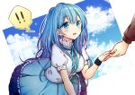  ! !! 1boy 1girl aqua_dress aqua_eyes aqua_hair aqua_ribbon bangs blue_sky blush breasts clarinet_(natsumi3230) clouds cloudy_sky commentary_request dress eyebrows_visible_through_hair frilled_dress frilled_shirt_collar frills hair_between_eyes large_breasts long_hair open_mouth original out_of_frame puffy_short_sleeves puffy_sleeves ribbon shirt short_sleeves sky solo_focus sparkle spoken_exclamation_mark white_shirt wristband 