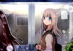  2girls bag bangs blonde_hair blue_eyes blush brown_hair bubble clarinet_(natsumi3230) commentary_request doors eyebrows_visible_through_hair from_side holding holding_umbrella long_hair looking_at_another multiple_girls original outdoors parted_lips school_bag school_uniform serafuku shoulder_bag solo_focus sweater_vest umbrella upper_body 