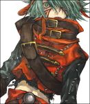  .hack//g.u. akio_(89e) aqua_hair azure_kite crazy_eyes hair_over_one_eye hat lowres midriff navel stare stitches tri-edge 