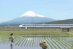  cityscape evokid fuji highres mount_fuji rice_field rice_paddy scenery shinkansen train water wave waving 