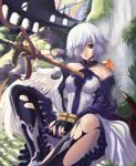  bird_on_shoulder birds brown_eyes eiwa hair_over_one_eye ruins sword torn_clothes weapon white_hair wings 