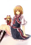 arm_support bad_id blonde_hair blue_eyes boots capelet cross-laced_footwear doll dress hair_ribbon hair_ribbons hiz_(pixiv) knee_boots lace-up_boots long_hair minigirl on_floor orange_eyes ribbon ribbons shanghai shanghai_doll short_hair sitting smile stare touhou 