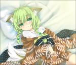  braid fox_ears fox_tail green_eyes green_hair japanese_clothes kimono original pillow pillows saitou_kon shingetsu_takehito tail twin_braids 