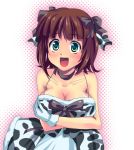  bare_shoulders blush bow breast_hold breasts brown_hair choker cleavage cow_print cute_&amp;_girly_(idolmaster) gloves green_eyes hair_bow happy idolmaster kanae_arisu large_breasts new_year short_hair solo 