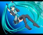  aqua_hair boots detached_sleeves earth hands_on_headphones hatsune_miku headphones long_hair necktie skirt space thigh-highs thigh_boots thighhighs twintails umitsubame very_long_hair vocaloid 